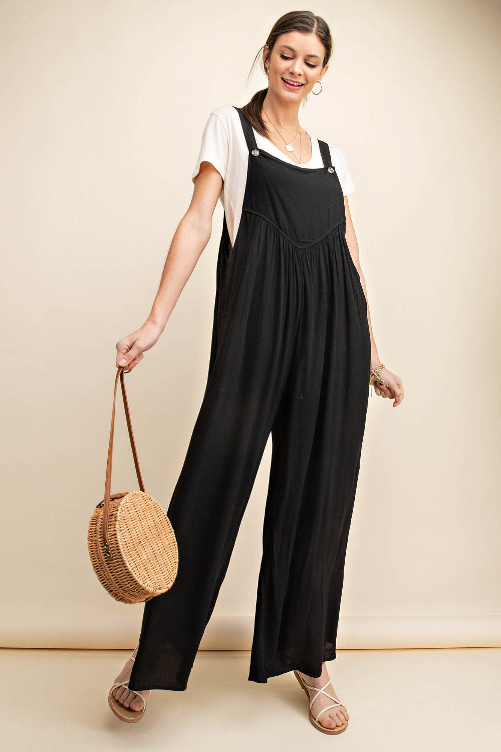 Kori America Full Size Sleeveless Ruched Wide Leg Overalls