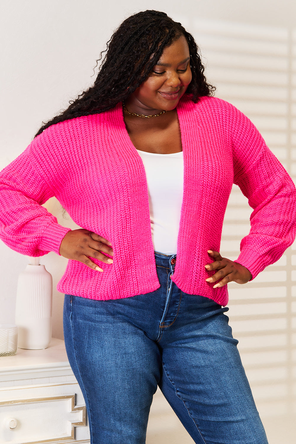 Double Take Rib-Knit Open Front Drop Shoulder Cardigan