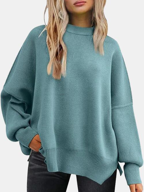 Round Neck Drop Shoulder Slit Sweater