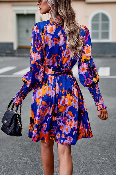 Printed Tie Waist Mock Neck Lantern Sleeve Dress