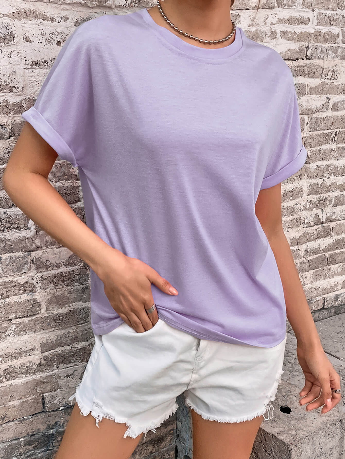 Round Neck Cuffed Sleeve T-Shirt