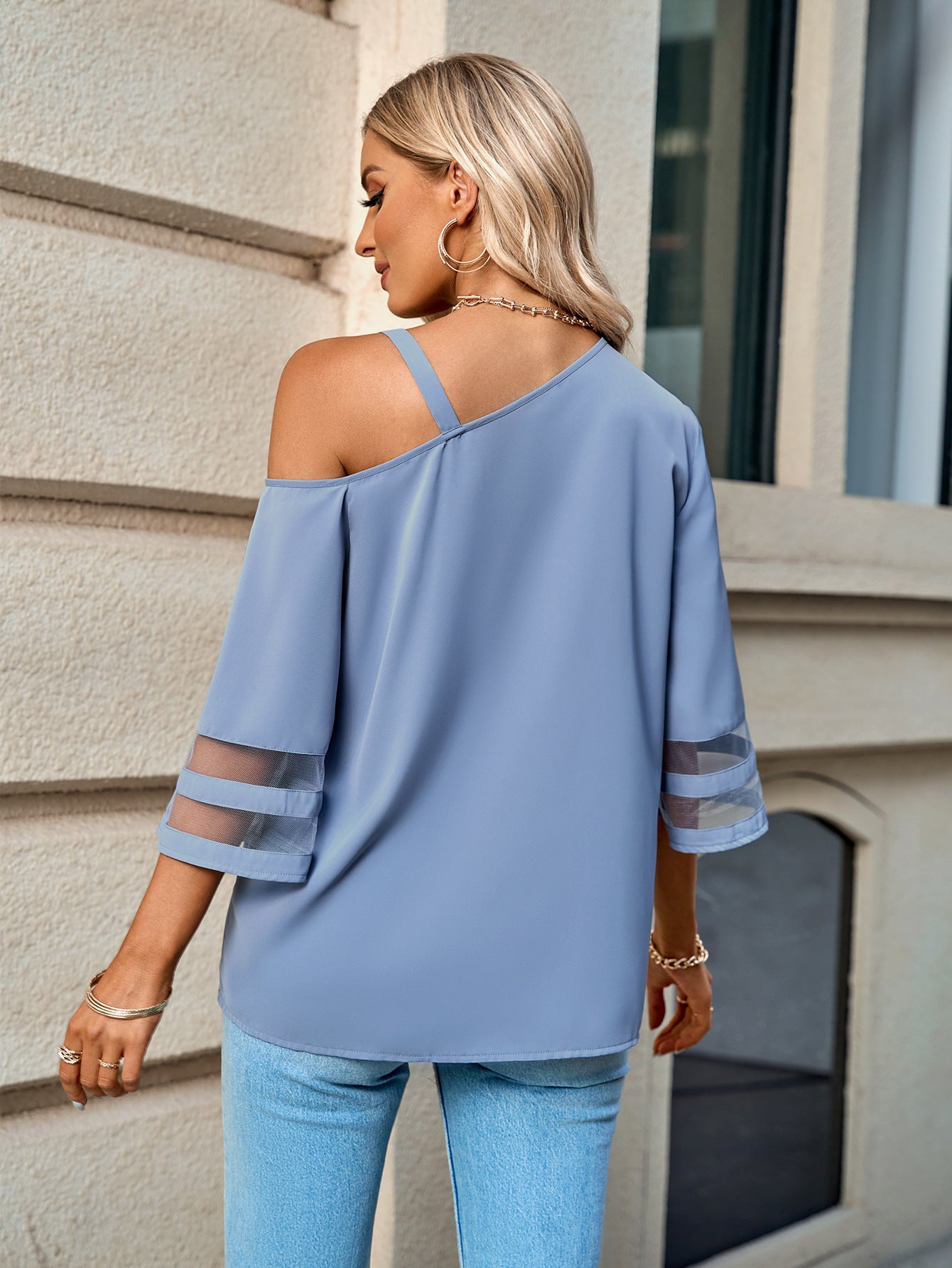 Asymmetrical Neck Sheer Striped Flare Sleeve Blouse