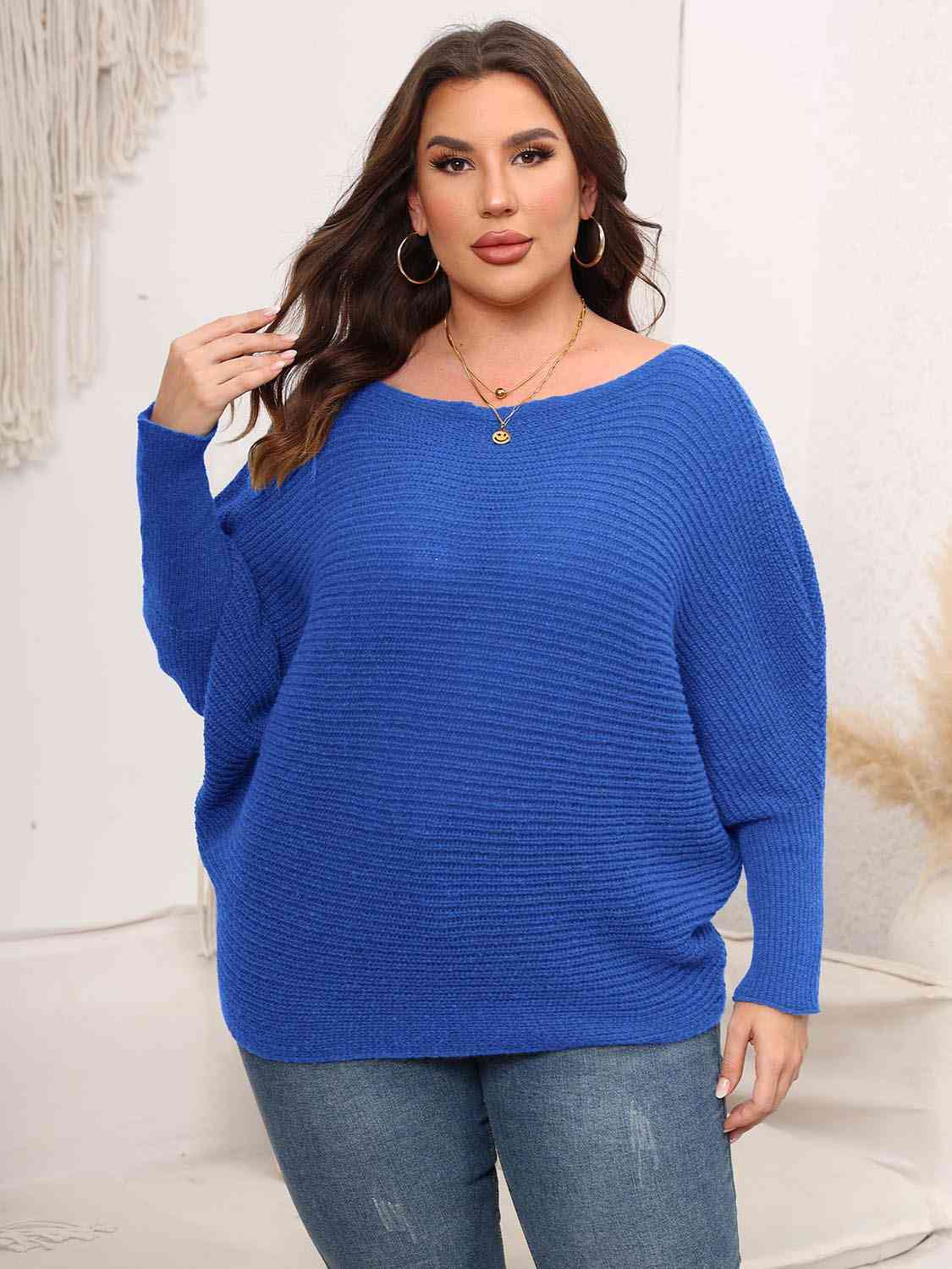 Full Size Boat Neck Batwing Sleeve Sweater