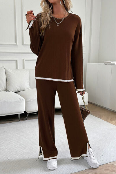 Contrast Trim Round Neck Top and Pants Set